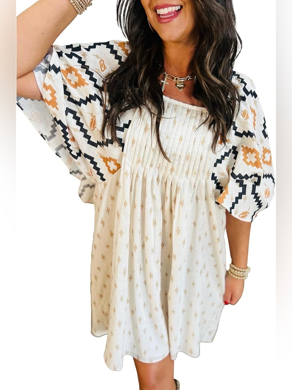 Women's Cream Boho Pleated Swing Dress with Geometric Sleeve Print